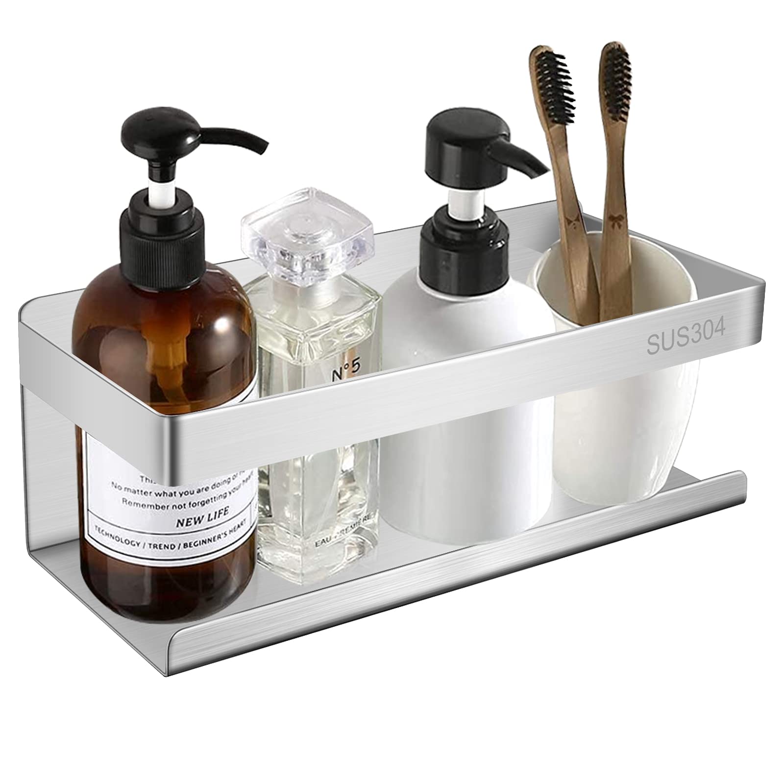 ABCHWS Self Adhesive Shower Shelf Stick on Bathroom Shower Kitchen Wall Shelf Storage Organiser Steel Soap Sponge Shampoo