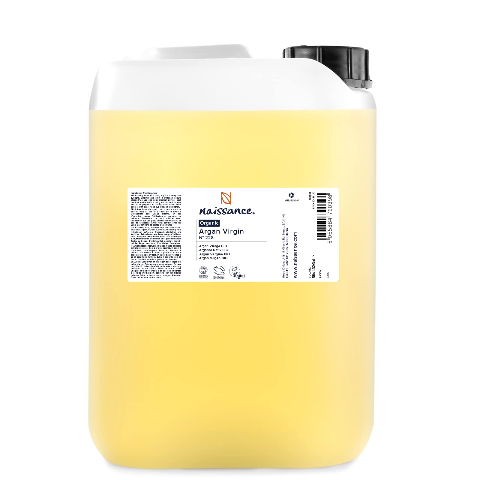 Naissance Huile d’Argan Végétale du Maroc BIO (No. 228) 5 litres - Hydratant 100% Pure Naturelle Pour Cheveux Secs, Bouclés, Visage, Corps, Barbe - Pressée à Froid - Cosmétique