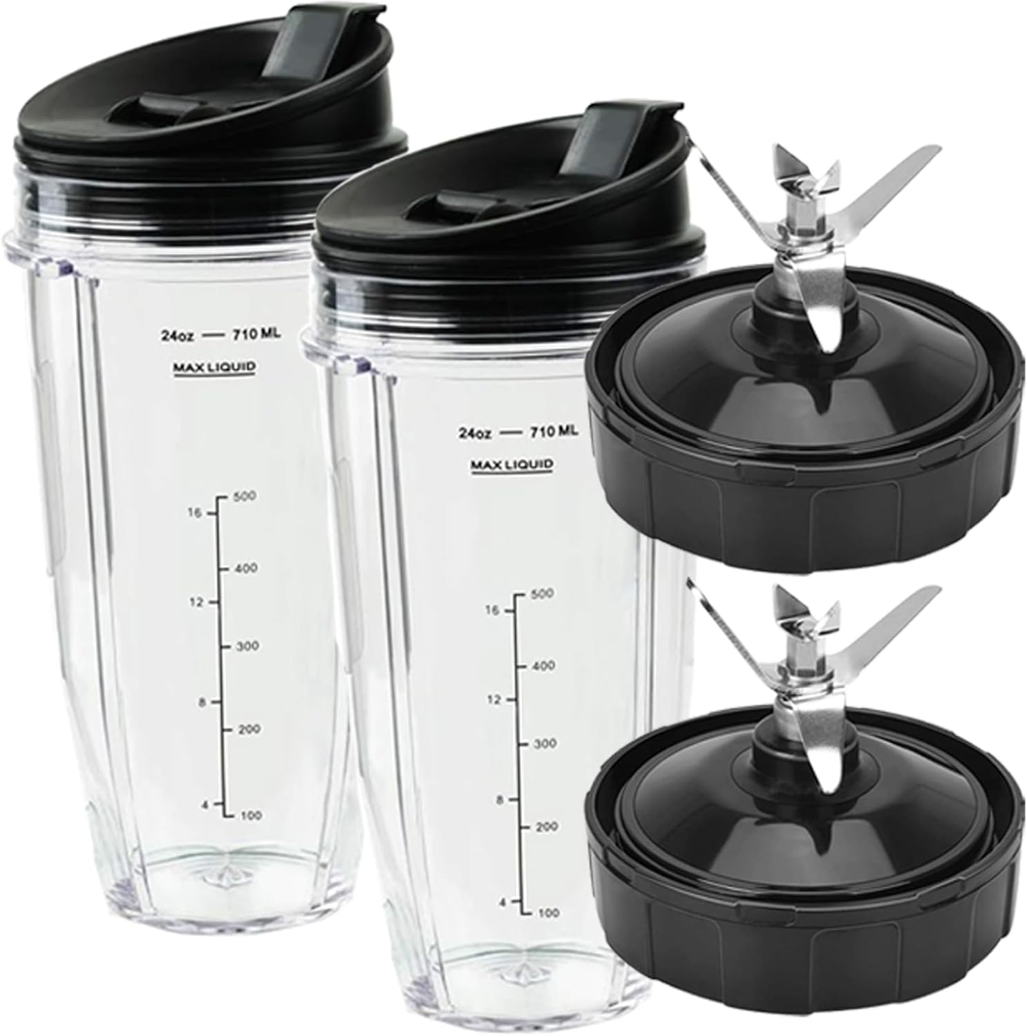 Blender Replacement Parts for Ninja, 24oz Ninja Blender Cups with To-Go Lids, 7 Fins Extractor Ninja Blades, Compatible with Ninja Blenders BL2012 BN401 BN751 BN801 BL480-30 BL482-30 BL642-30 BL682-30