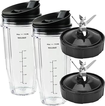 Blender Replacement Parts for Ninja, 24oz Ninja Blender Cups with To-Go Lids, 7 Fins Extractor Ninja Blades, Compatible with Ninja Blenders BL2012 BN401 BN751 BN801 BL480-30 BL482-30 BL642-30 BL682-30