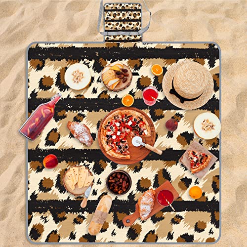 Bardic Cobertor de piquenique tapete de praia listrado estampa de leopardo, suporte impermeável dobr