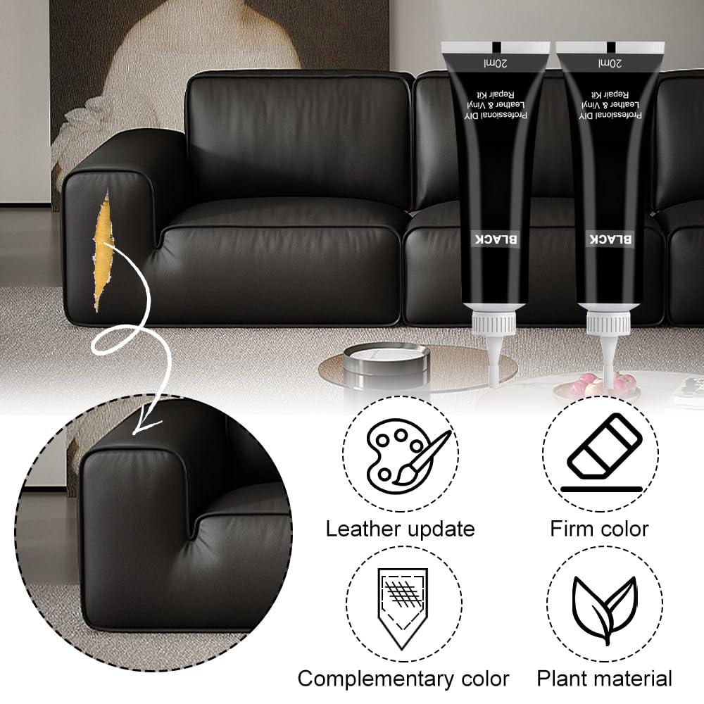 Crema de Reparación de Cuero, Kit de reparación de cuero de 2 piezas para reparar desgarros de muebles, sofá, chaqueta, asiento de barco, negro