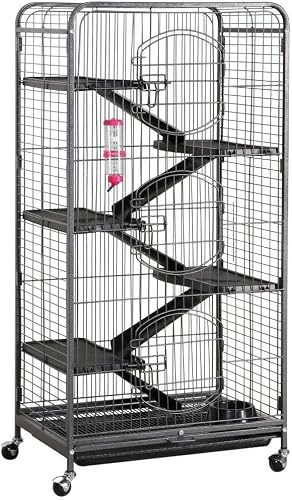 Small Animal 5-Tier Cage with Ramps & Accessories, 64 x 43.5 x 131 cm / 25.2 x 17.1 x 51.6 in, Multi-Level Habitat on Wheels