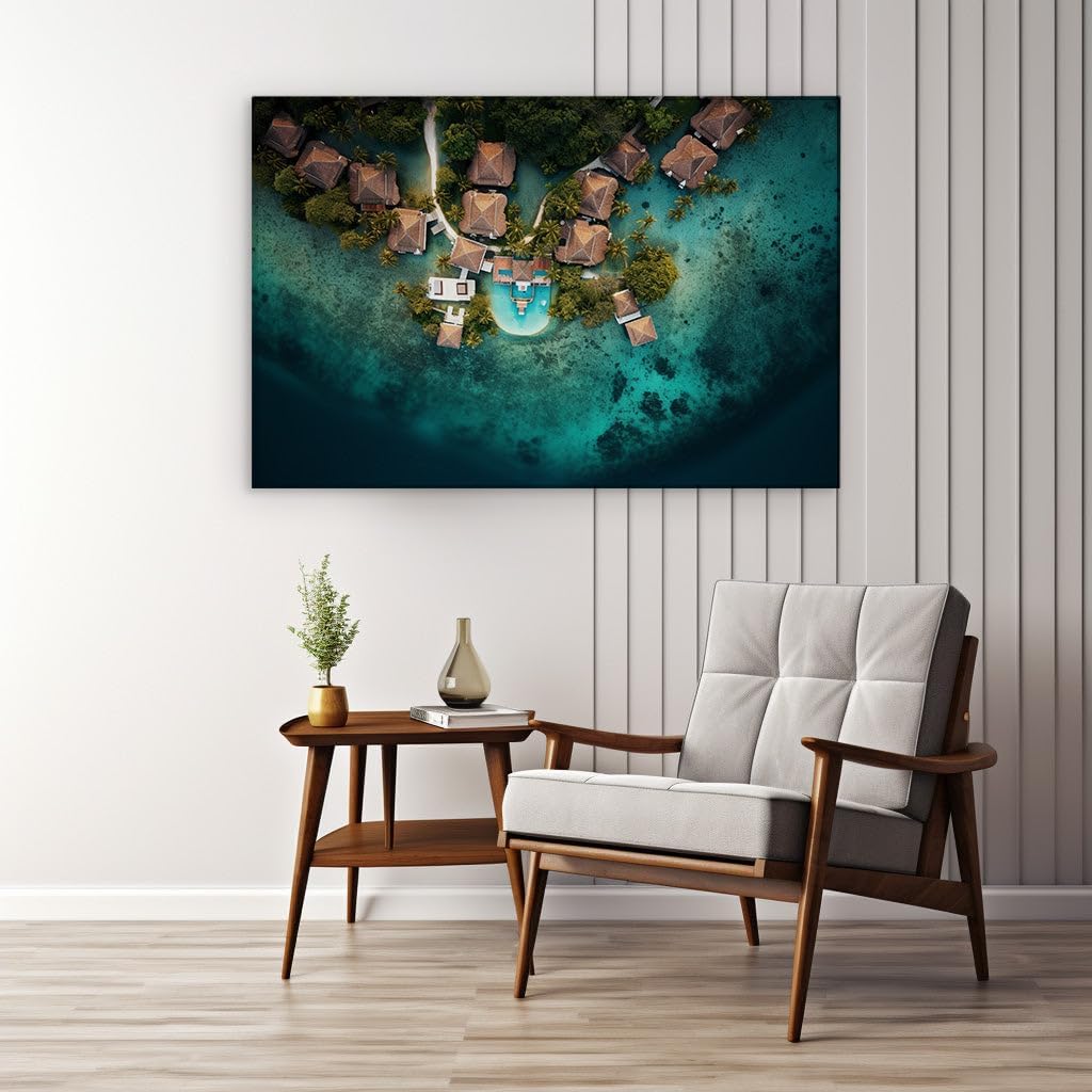 Canvas for Living room. Tropical Island Retreat Captures Serenity Amid Crystal Blue Waters, 27 x 18 inch Canvas Wall Art - Contemporary Masterpieces - Botanical Home Decor
