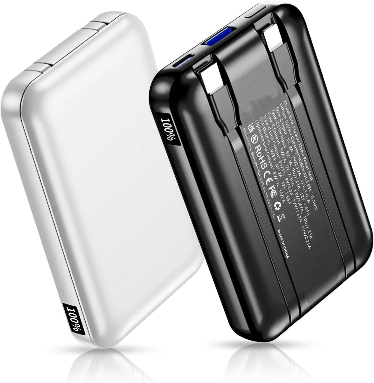 2 Pack 10000mAh 22.5W Fast Charging Power Bank-Slim Portable Charger with Built-in Cords, USB C in&Out, 2 Outputs 2 Inputs, LED Display for iPhone 17-12, Samsung, Android (White&Black)