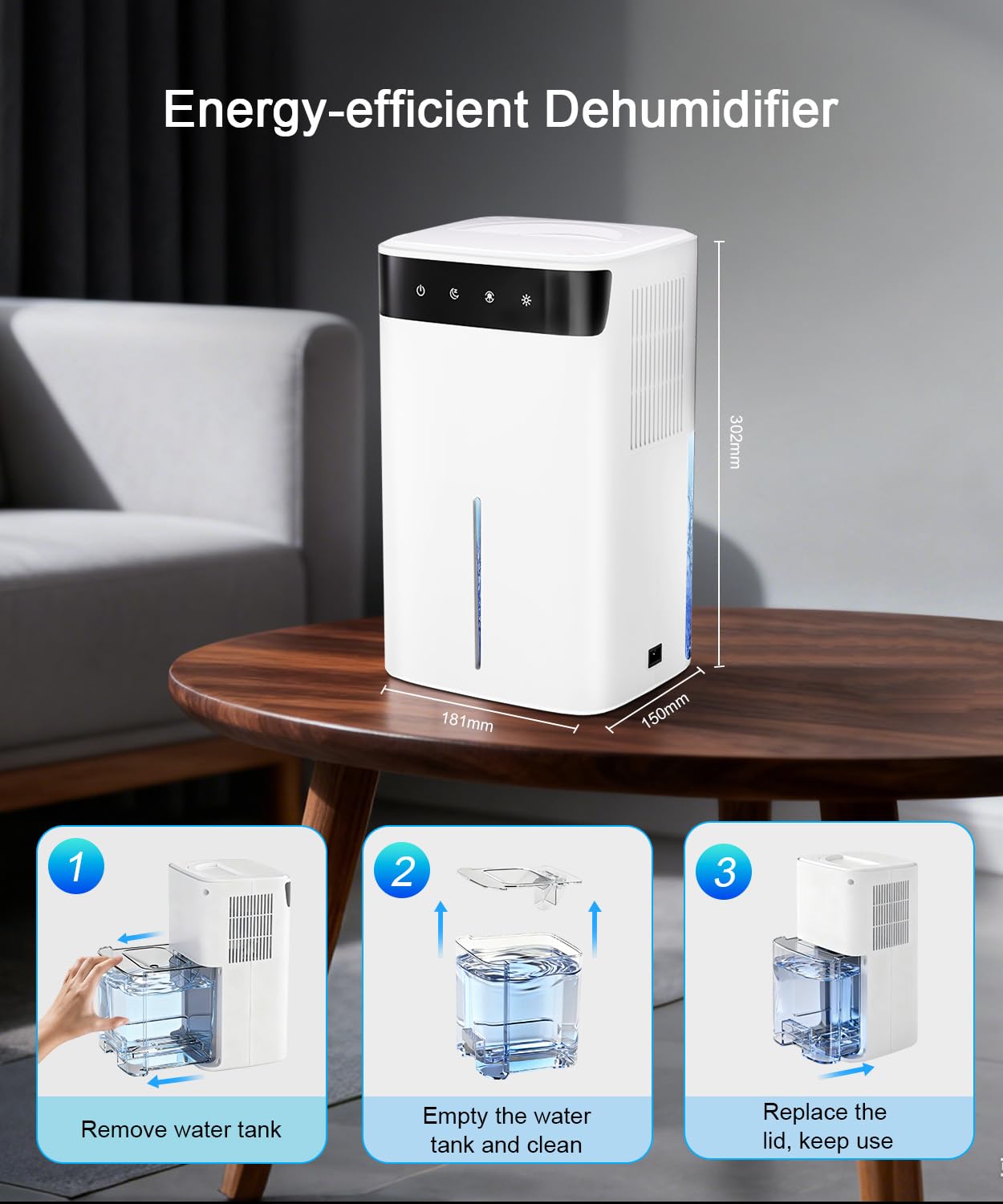 500ML Elektryczny Osuszacz Powietrza ze Zmiennym Światłem LED i Odmrażaniem - Cichy Tryb Nocny 40dB do Sypialni, Kuchni, Piwnicy, Przeciwko Pleśni