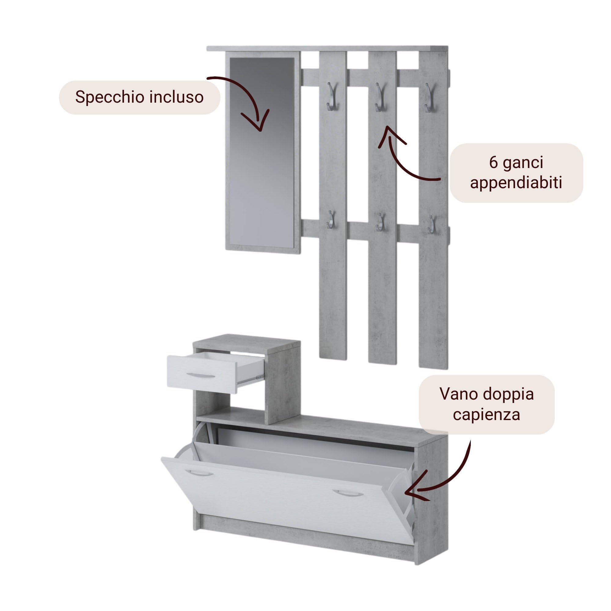 Dmora - Mobile da ingresso con specchiera, entratina per atrio con scarpiera, Svuotatasche per piccoli appartamenti, cm 100x25h180, colore Bianco e Cemento