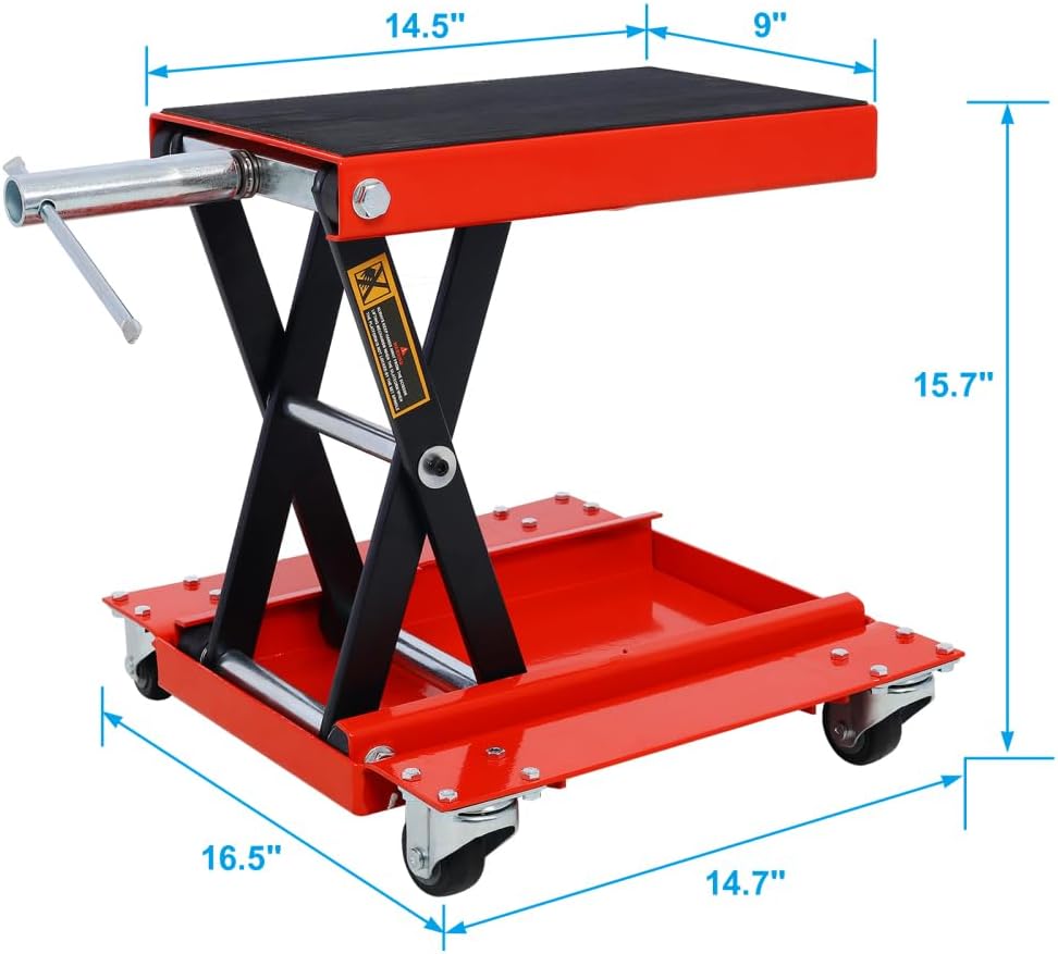 Motorcycle Scissor Jack, 1100lb Motorcycle Lift with Dolly Tray, Wide Deck Bike Lift Stand with Rubber Pad, Adjustable Center Tire Engine Jack for ATV UTV Dirt Bike Snowmobile