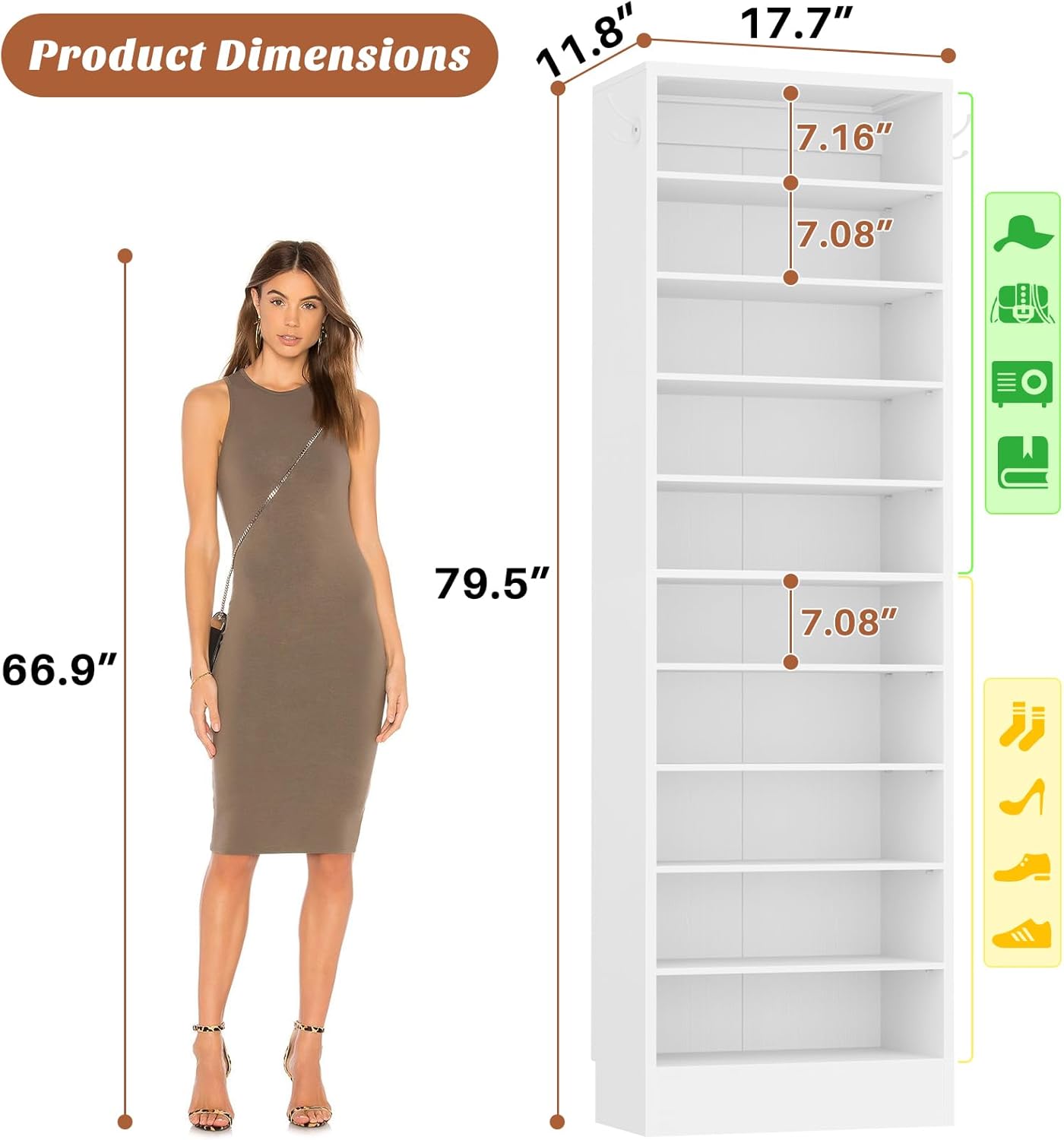 Aheaplus Tall Shoe Cabinet, 10 Tiers Narrow Wood Shoe Rack, Shoe Storage Organizer with Open Storage, Vertical Shoe Shelf Tower for 20-22 Pairs, Space Saving, for Closet, Entryway, Bedroom, White