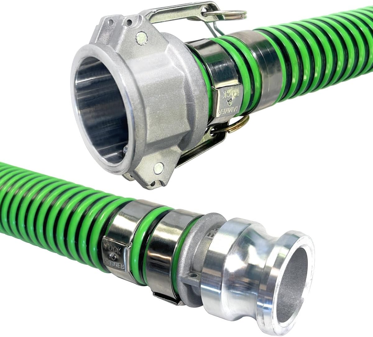 Gloxco Heavy Duty EPDM All Weather Suction Hose Assembly, Black Tube, Lime Green Helix, 1-1/2" Inside Diameter Hose with Male x Female Cam and Groove Fittings Installed, 20 ft Length