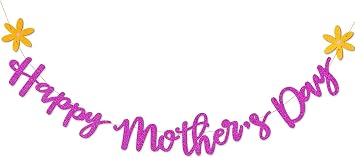 Pre-Strung Happy Mothers Day Banner - Purple Glitter Hanging Decoration with Flowers, Mothers Day Party Supplies, Elegant Garland for Mom Celebration, Brunch, Home & Event Decor
