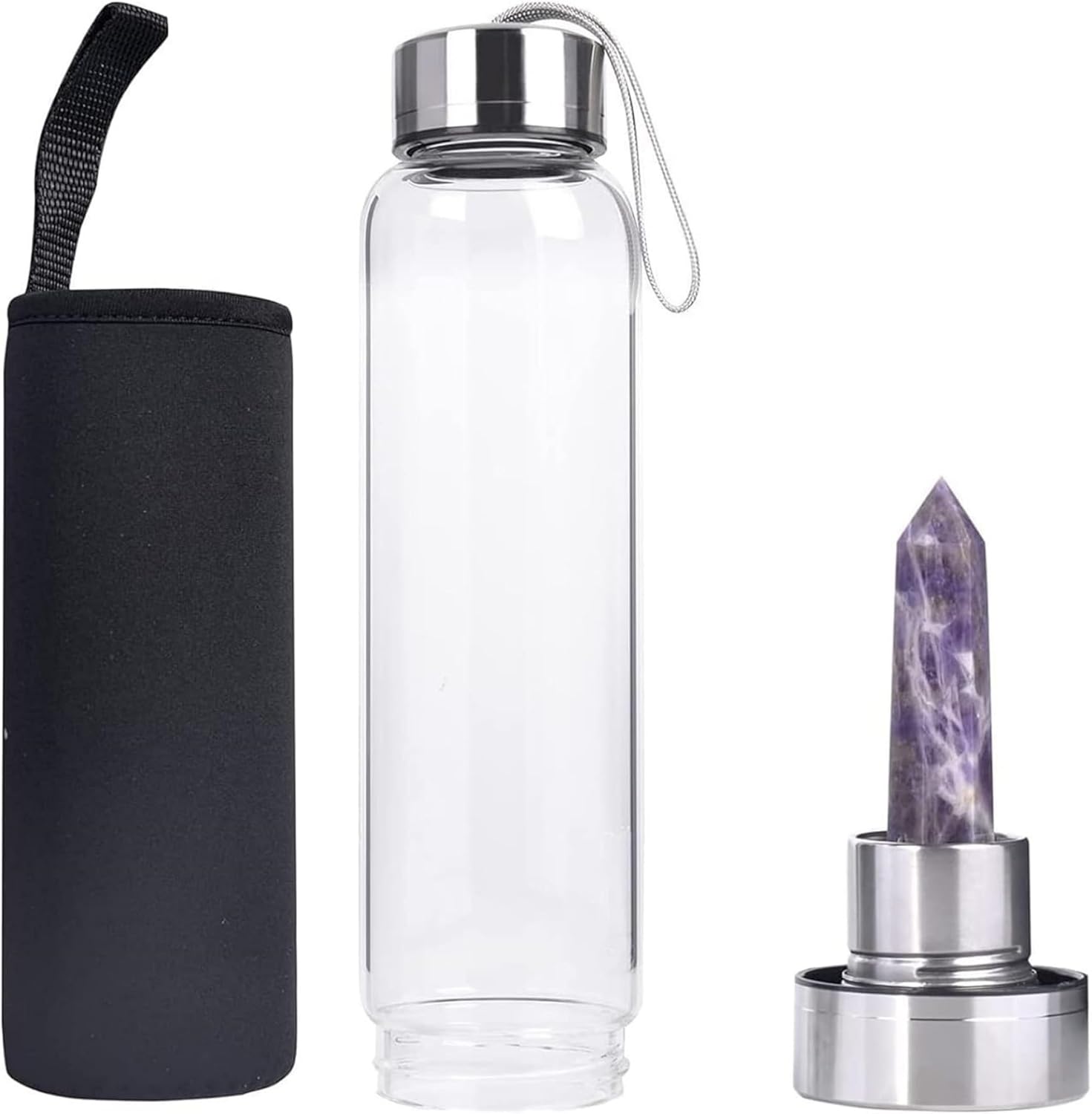 Crystal Water Bottle, Glass and Stainless Steel Water Bottle, Bottle with Amethyst Natural Crystal Cup, Natural Wellness Healing Violet Energy Cup