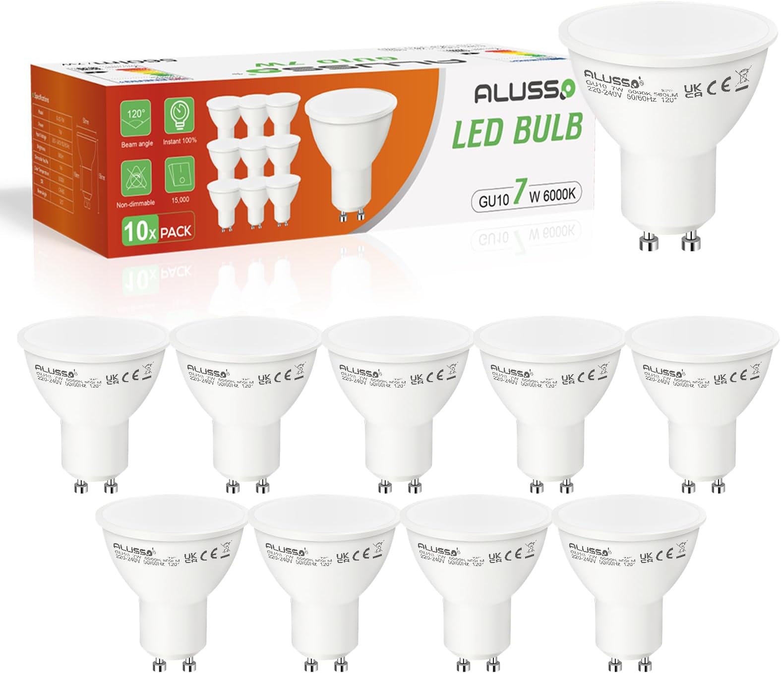 ALUSSO LIGHTING GU10 LED Bulbs, 6000K Cool White, 7W 560lm, 120° Wide Beam Angle, 70W Halogen Spotlight Bulb Equivalent, Energy Saving GU10 LED Light Bulbs, Non Dimmable Spot, Pack of 10