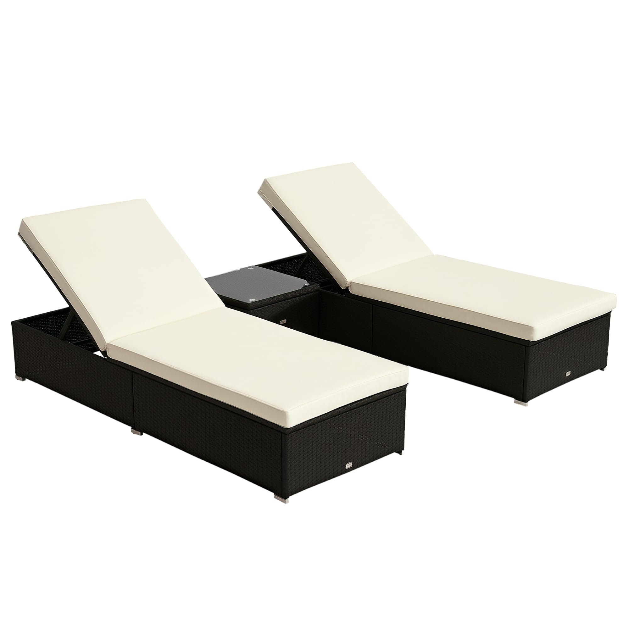 Outsunny Chaise Lounge Chair Set of 2 with 5 Angle Backrest, Outdoor Coffee Table, Water Repellent Cushions, PE Rattan Wicker Poolside Chairs, 3-Piece Pool Furniture Set, Dark Brown/Cream White