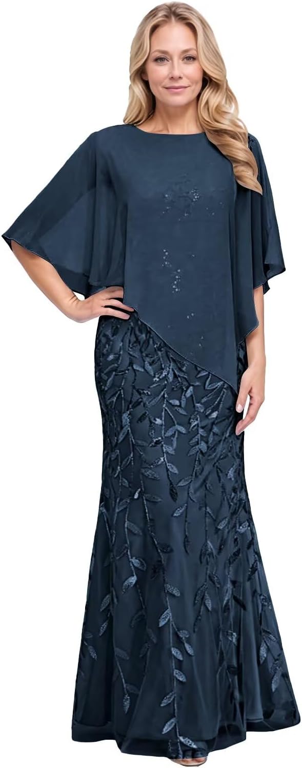 2 Pieces Mother of The Bride Dresses for Women Scoop Neck with Sleeve Sequin Chiffon Formal Evening Formal Dress