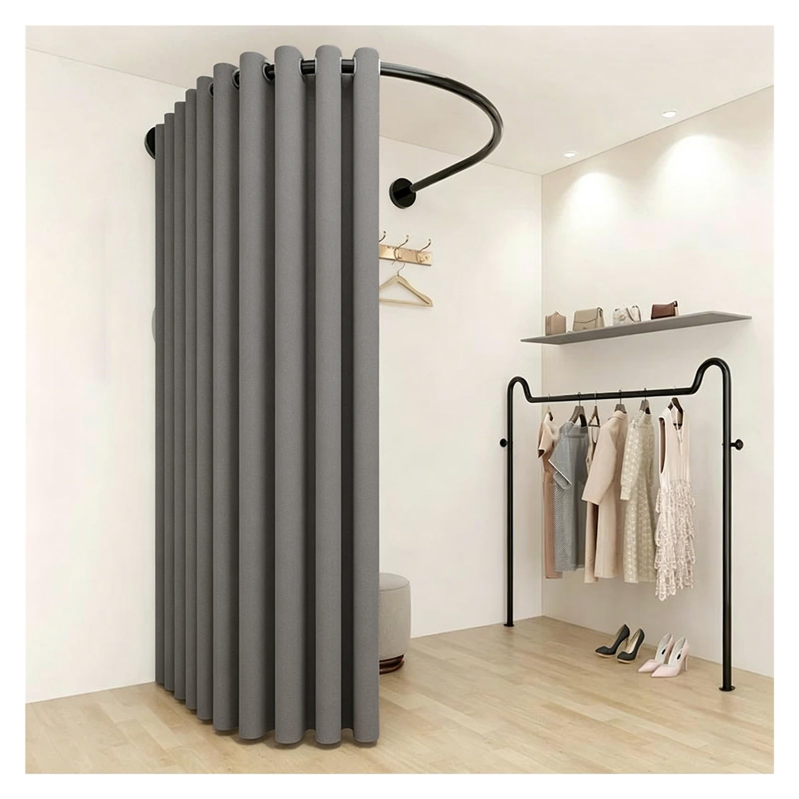 ZJKXJH Boutique Fitting Room Partition Curtain Rod, Wall Mount U Shaped Heavy Duty Curved Rail for Clothing Store, Privacy Partition Curtain Rod(With C Curtains,Black Rod 110cm/43.3in)