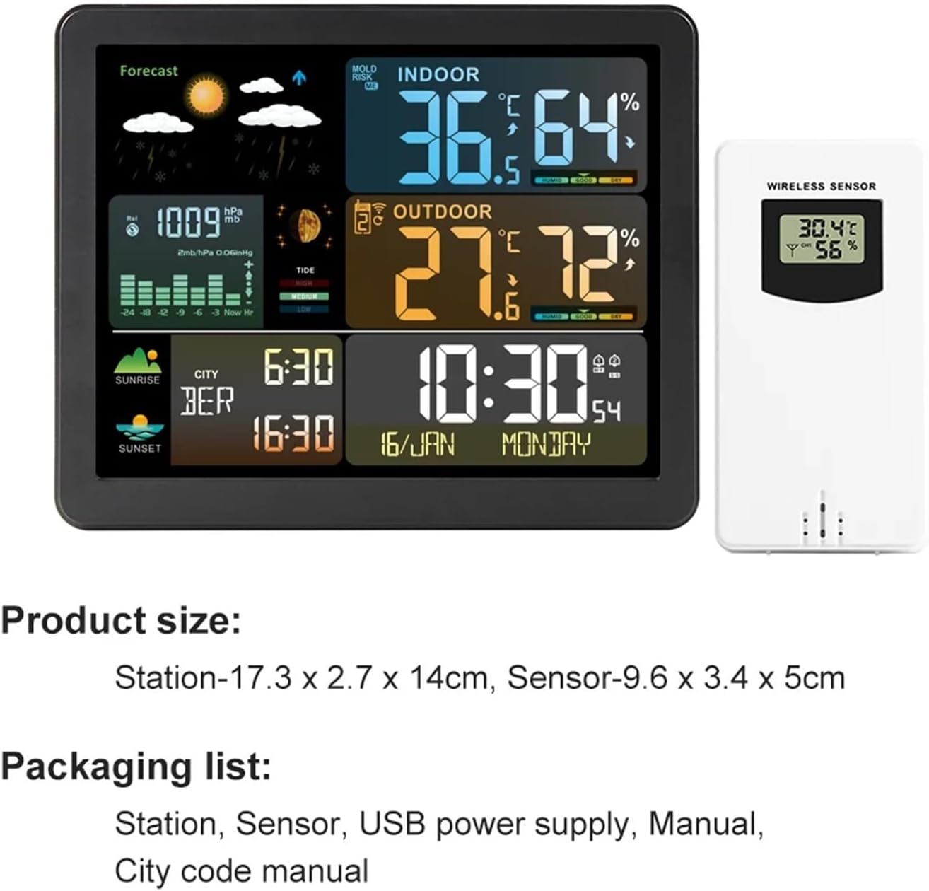 EliteBloom FJ3566M Weather Station and Wireless Sensor with USB cable and manual