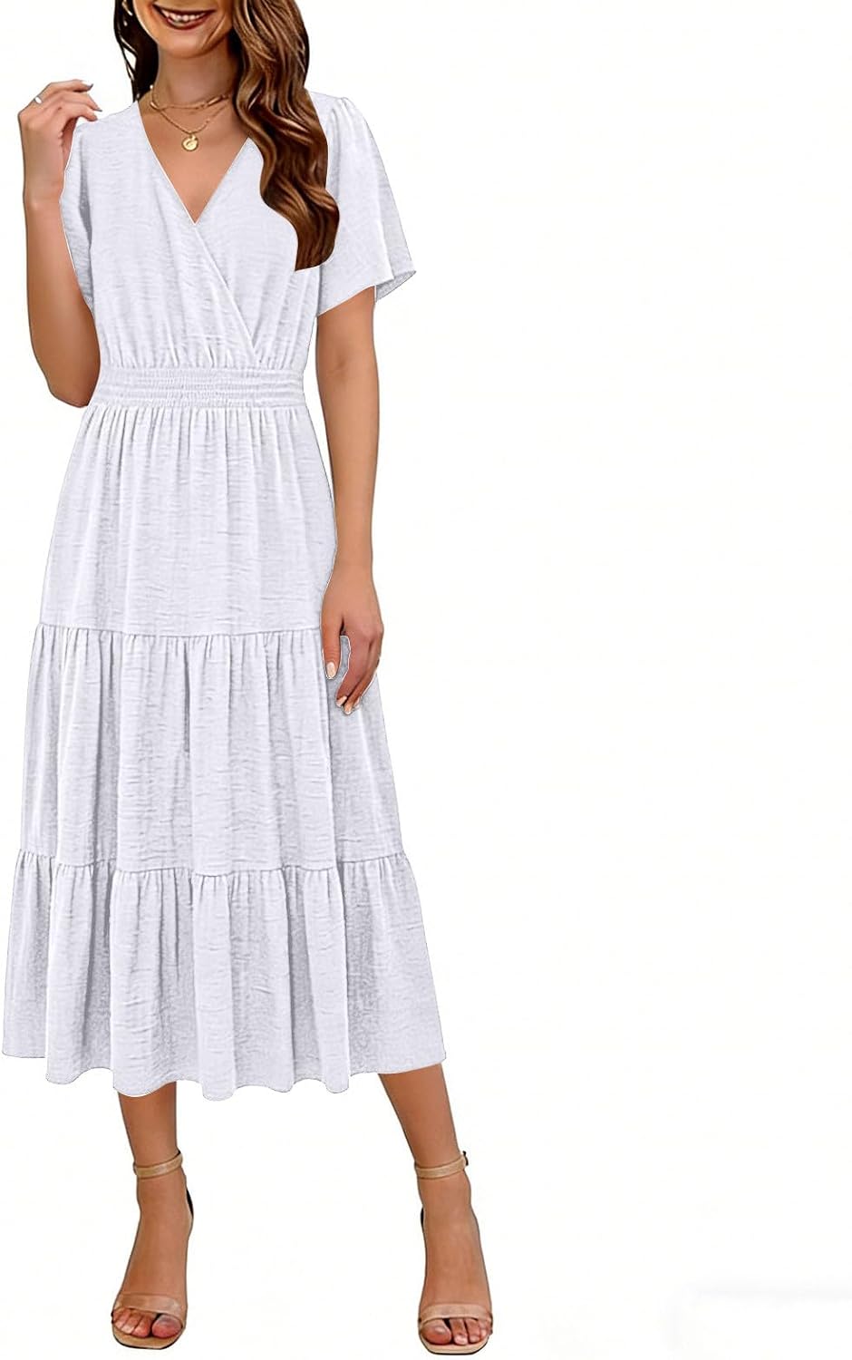 Women's Summer Dresses Casual V Neck Short Puff Sleeve A Line Tiered Midi Sundress Party Dressy Wedding Outfits