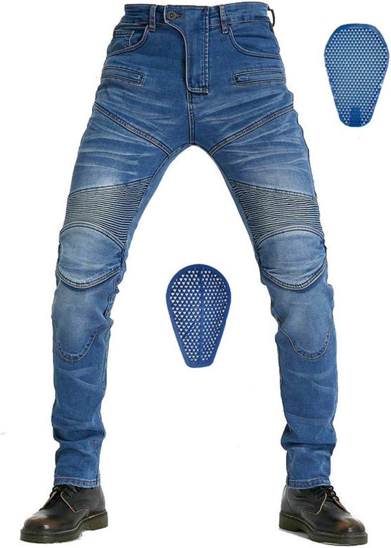 Men Motorcycle Riding Pants With CE Armor Silica Gel Pads Motocross Racing Jeans (Blue, L=32=Waist 35.4")