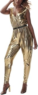 KBOPLEMQ Disco Outfit Women's Disco Hippie Costume Gold Jumpsuit Halloween Disco Costumes Music Festival Rave Party Cosplay 70s Glitz Glamour Adult Costume Fashion Outfits for Women