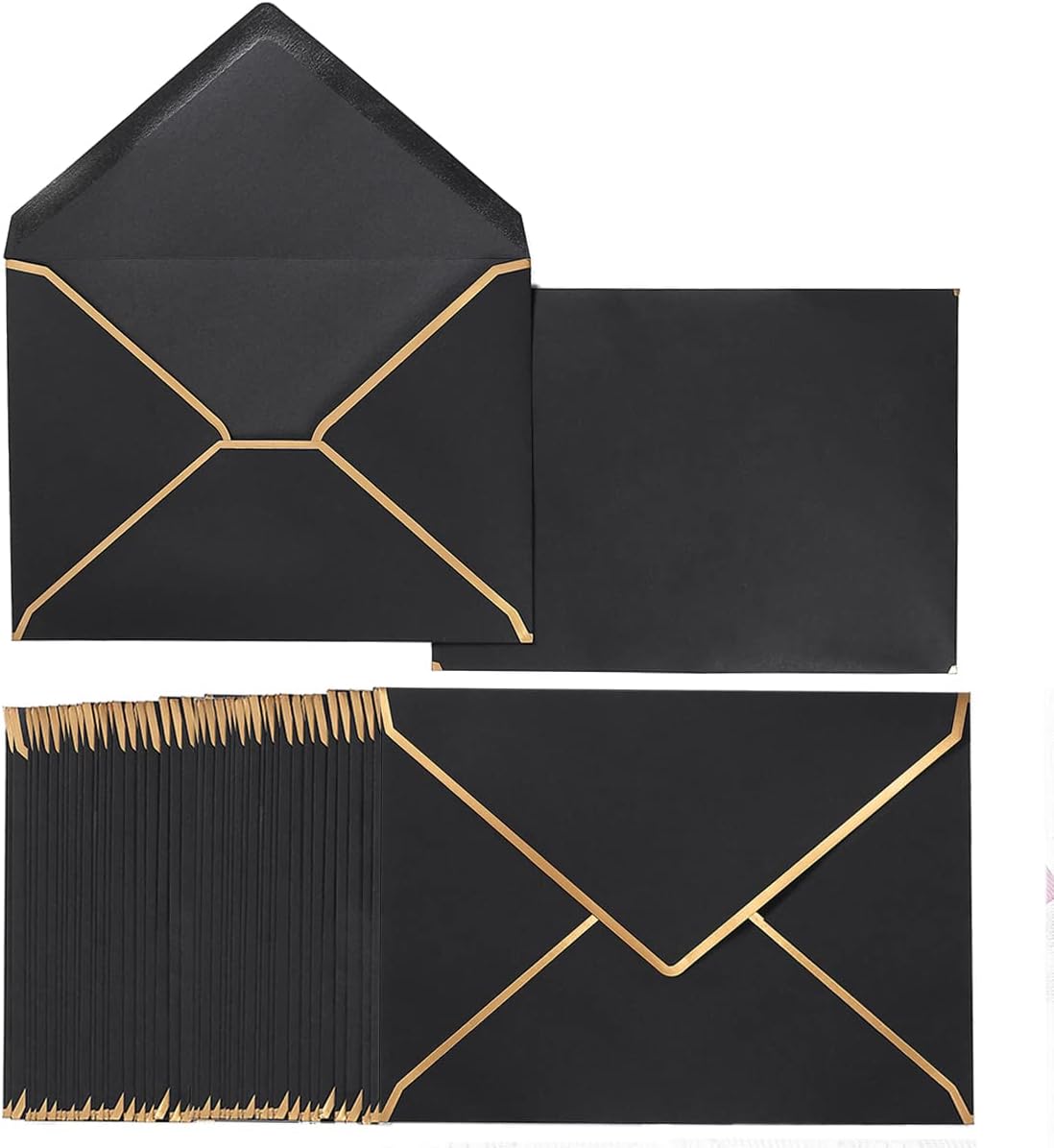 100 Pack A7 Envelopes 5 x 7 Card Envelopes V Flap with Gold Border for Office, Wedding Gift Cards, Invitations, Graduation, Baby Shower, Parties (5.32 x 7.28 Inches, Black)