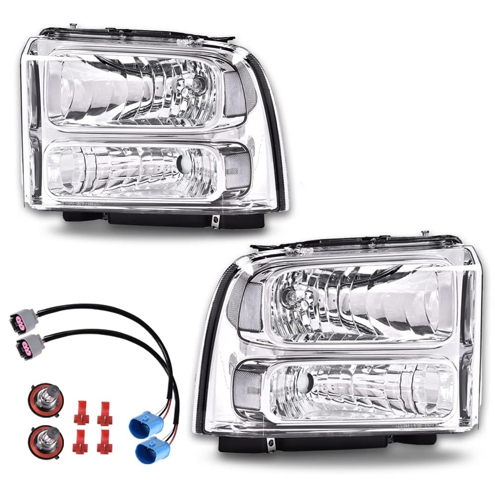 Headlights Assembly Fit 1999-2004 Ford F250 F350 F450 F550 Super Duty | Fit 2000-2004 Ford Excursion Headlamp,Clear lens Chrome Housing Clear Reflector,FO2503147 FO2503183,Driver & Passenger Side