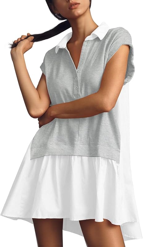 Fisoew Womens Summer Sweatshirt Dresses Short Sleeve V Neck Casual Oversized Patchwork Mini Dress