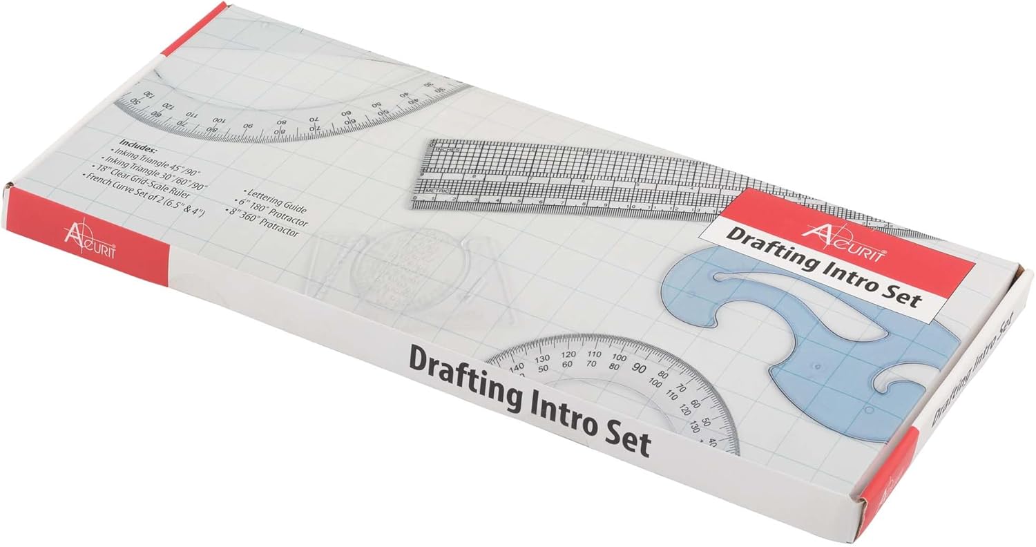 Acurit Drafting Beginner Set - Drafting Tools & Supplies - 7-Piece Drafting Kit for Artists, Architects- Includes Metric Triangles, 8" Protractor, French Curves, Ruler, Pencils & More