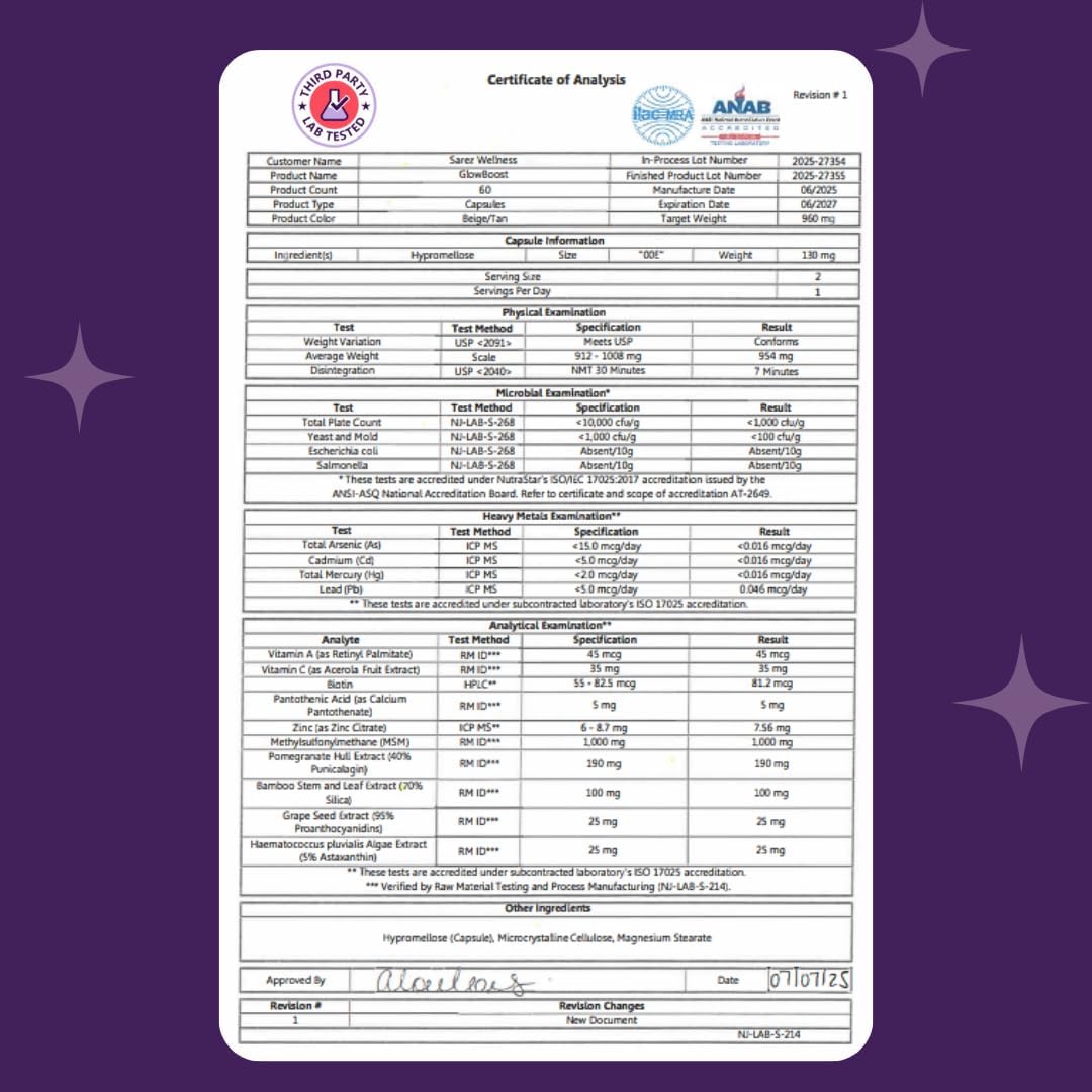 Sarez GlowBoost Collagen Activator — MSM, Silica from Bamboo, Astaxanthin, Pomegranate, Biotin & Grape Seed — Supports Skin Elasticity, Fine Lines, Nail Strength & Hair Growth — 30-Day Supply - Image 7