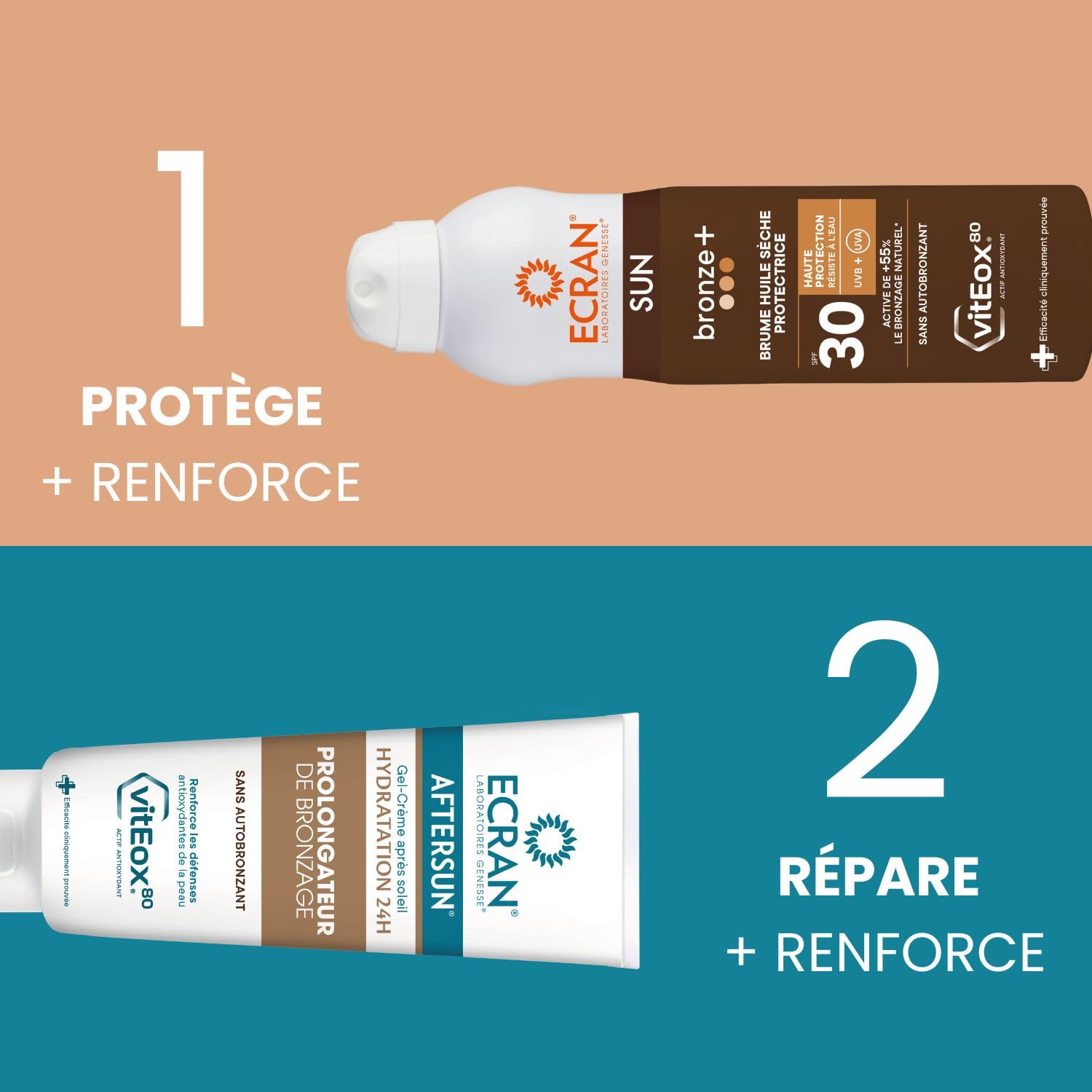 ECRAN® - Brume Huile Activatrice de Bronzage - Haute Protection - Technologie vitEox80 - Vitamine E - Protection UVA, UVB, Lumière Bleue, Coups de Soleil - Protection Solaire SPF 30 - Bronzage naturel
