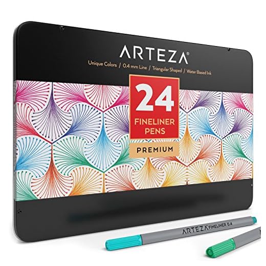 ARTEZA Estuche de rotuladores de punta fina | 24 rotuladores de colores con forma triangular | Puntas metálicas de 0,4 mm