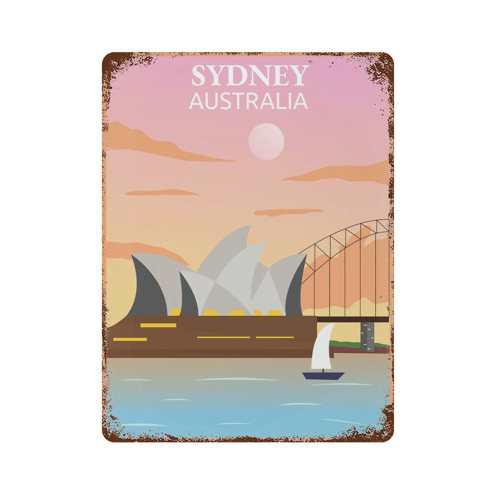 Sydney Opera House Sunset Distressed Metal Wall Sign 15.7"x11.8", for Garage, Bar And Workshop Decor, Decorative Metal Wall Art