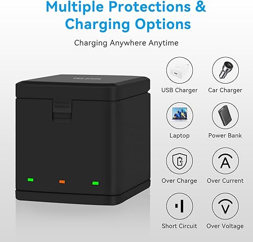 Miniatura 5 de Paquete de 2 baterías para Hero 8765, batería USB de 3 canales, cargador rápido con cable tipo C compatible con GoPro Hero 8 Negro, Hero 765 negro