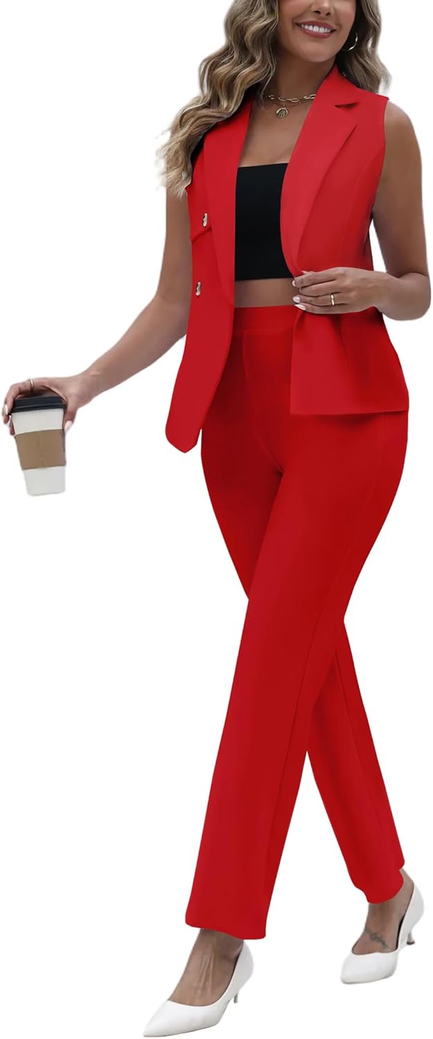 Pant Suits for Women Dressy V Neck Sleeveless Vest Blazer Wide Leg Pants Sets 2 Piece Business Casual Work Outfit - Image 5