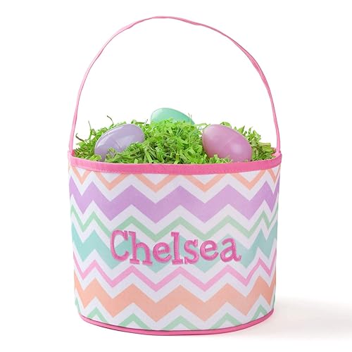 Bolsa de cubo personalizada Chevron con nombre personalizado | Bolsa de Pascua a rayas naranja y rosa con asa | Cesta de huevos suave para niños |