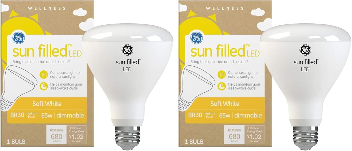 GE Sun Filled LED Light Bulbs, 65 Watt Eqv, Soft White, BR30 Indoor Floodlight (Pack of 2)