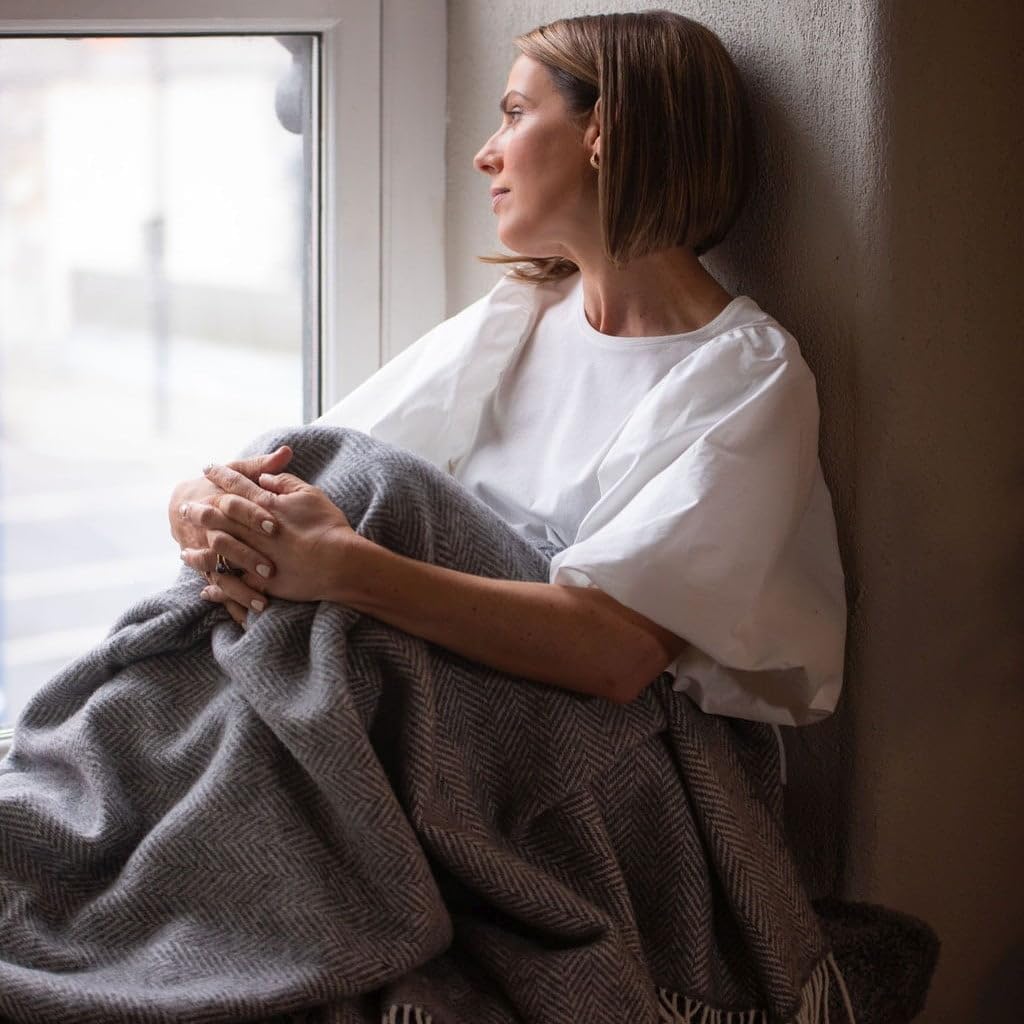 Biddy Murphy Irish Merino and Cashmere Wool Throw Blanket, Made in Ireland, Heirloom Quality, 54" x 71", Grey Herringbone Pattern