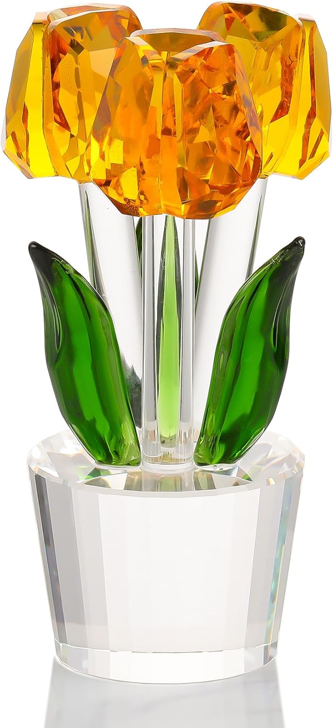 Enjinkail Yellow Tulips Artificial Flowers Glass Decor Collectible Crystal Figurine Ideas for Mom Women on Graduation Christmas Wedding