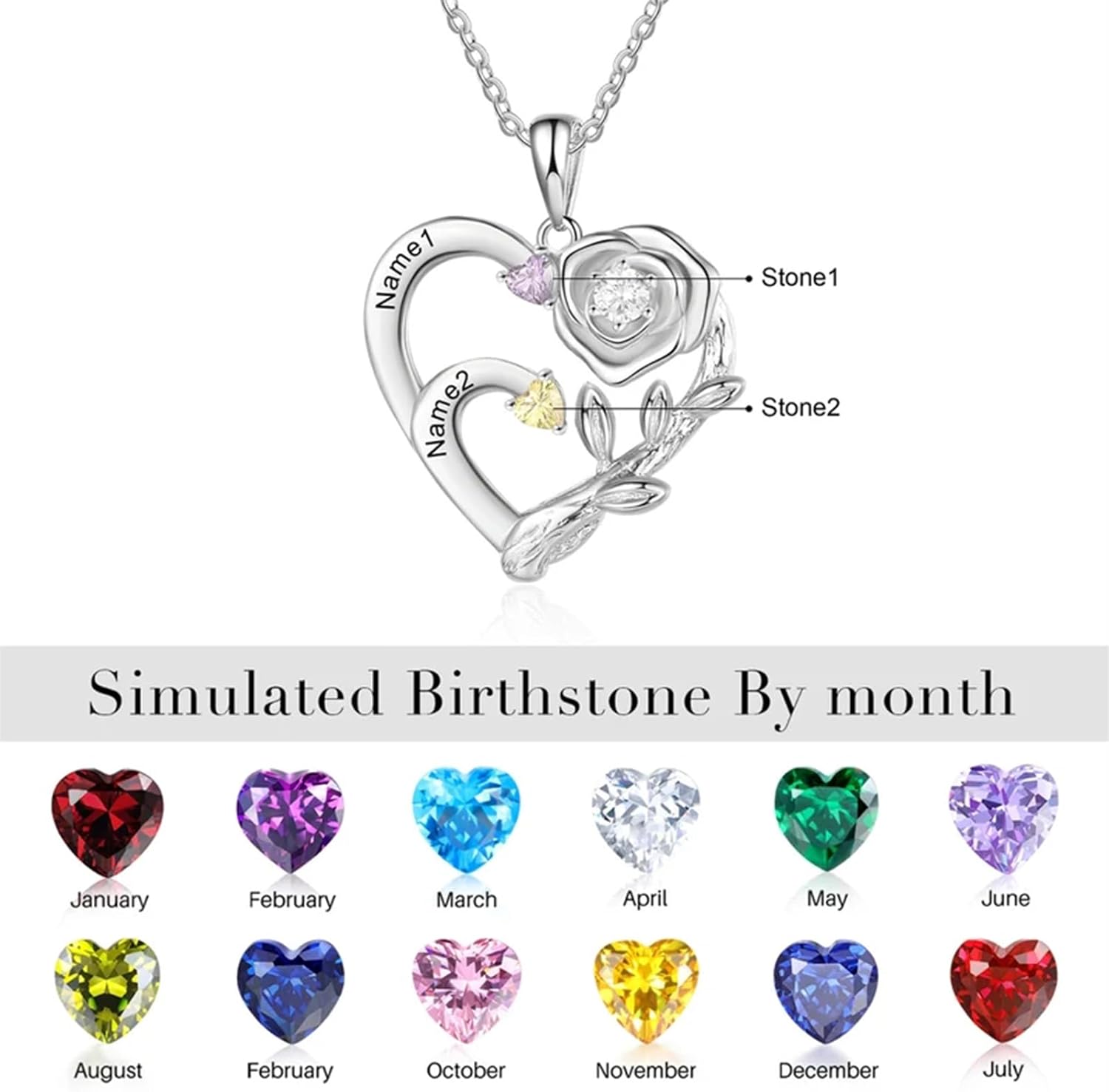 10K/14K/18K Gold Personalized Name Heart Birthstone Necklace with Moissanite Custom 1~4 Birthstone Heart Necklace Personalized Rose Flower Heart Birthstone Necklace with 1~4 Name for Women
