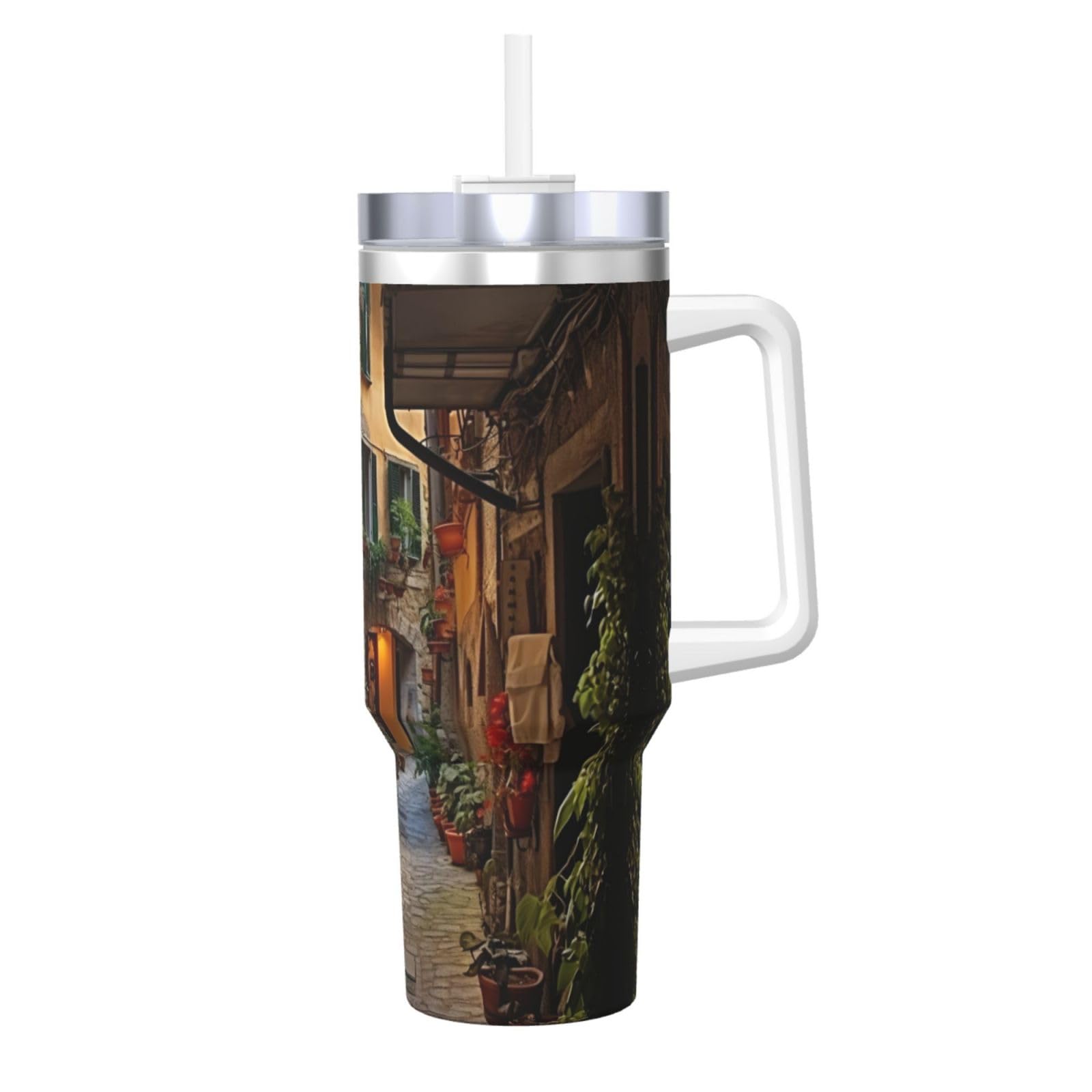 Italian Old Street Wasserflasche aus Edelstahl, doppelwandig, isoliert, mit Griff und Strohhalm-Deckel, 1,2 l