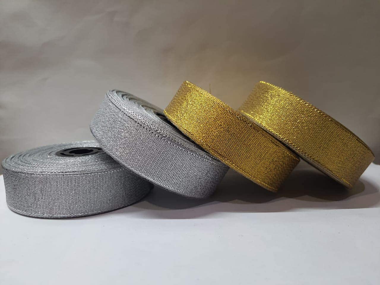 Kuber Selection Pack of 4 Pcs Lace Tissue Ribbon Decoration 1 Inch, Gift Wrapping, Multi-Purpose Use Lace Pack of 4 Pcs (10Mtr Each) (2 Golden & 2 Silver) (1 Inch)