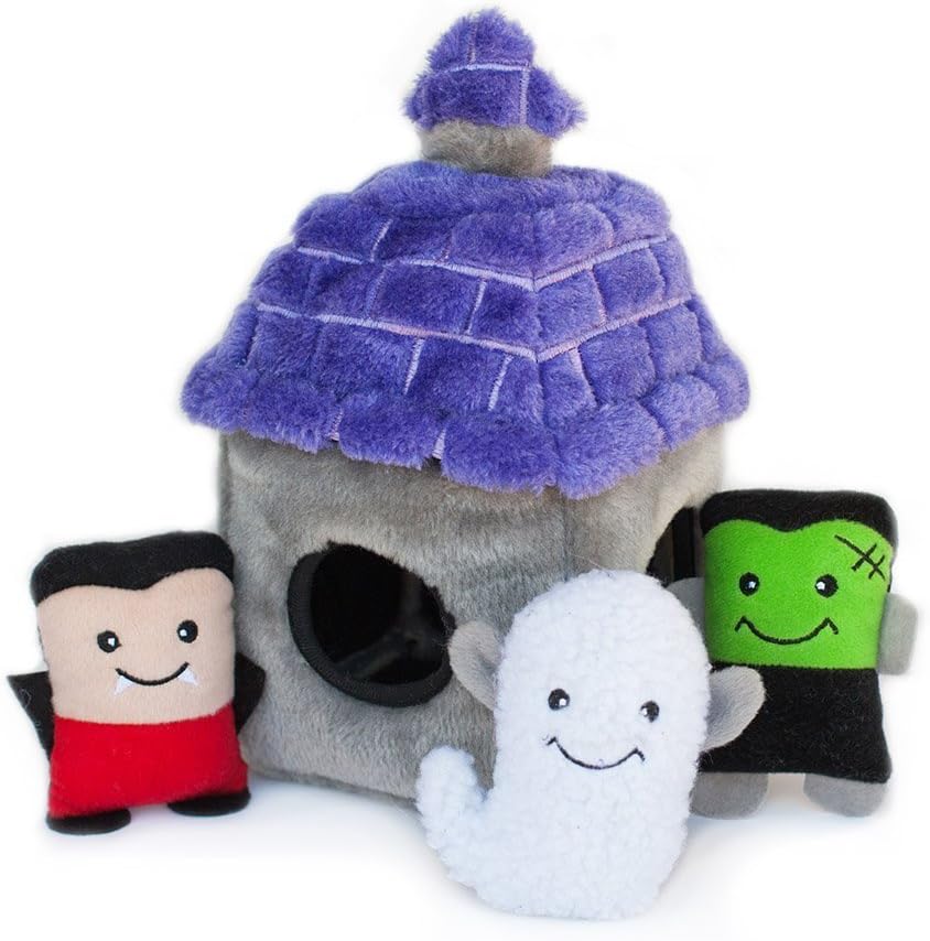 ZippyPaws - Holiday Burrow, Interactive Squeaky Hide and Seek Plush Dog Toy - Haunted House