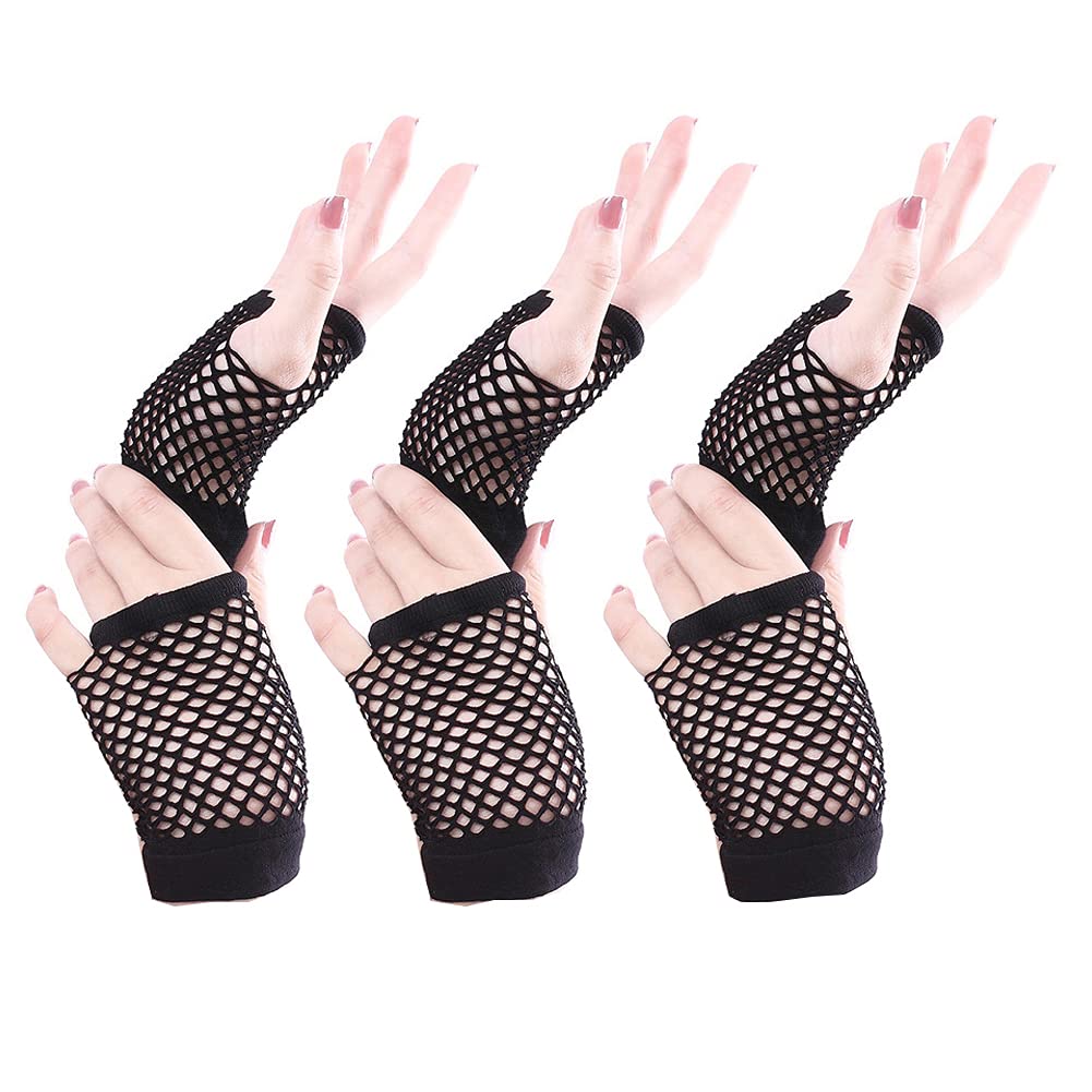 3 Pairs Short Fishnet Gloves Fingerless Fishnet Gloves for Women Girls 80s Costume Accessory Party Supplies (Black)