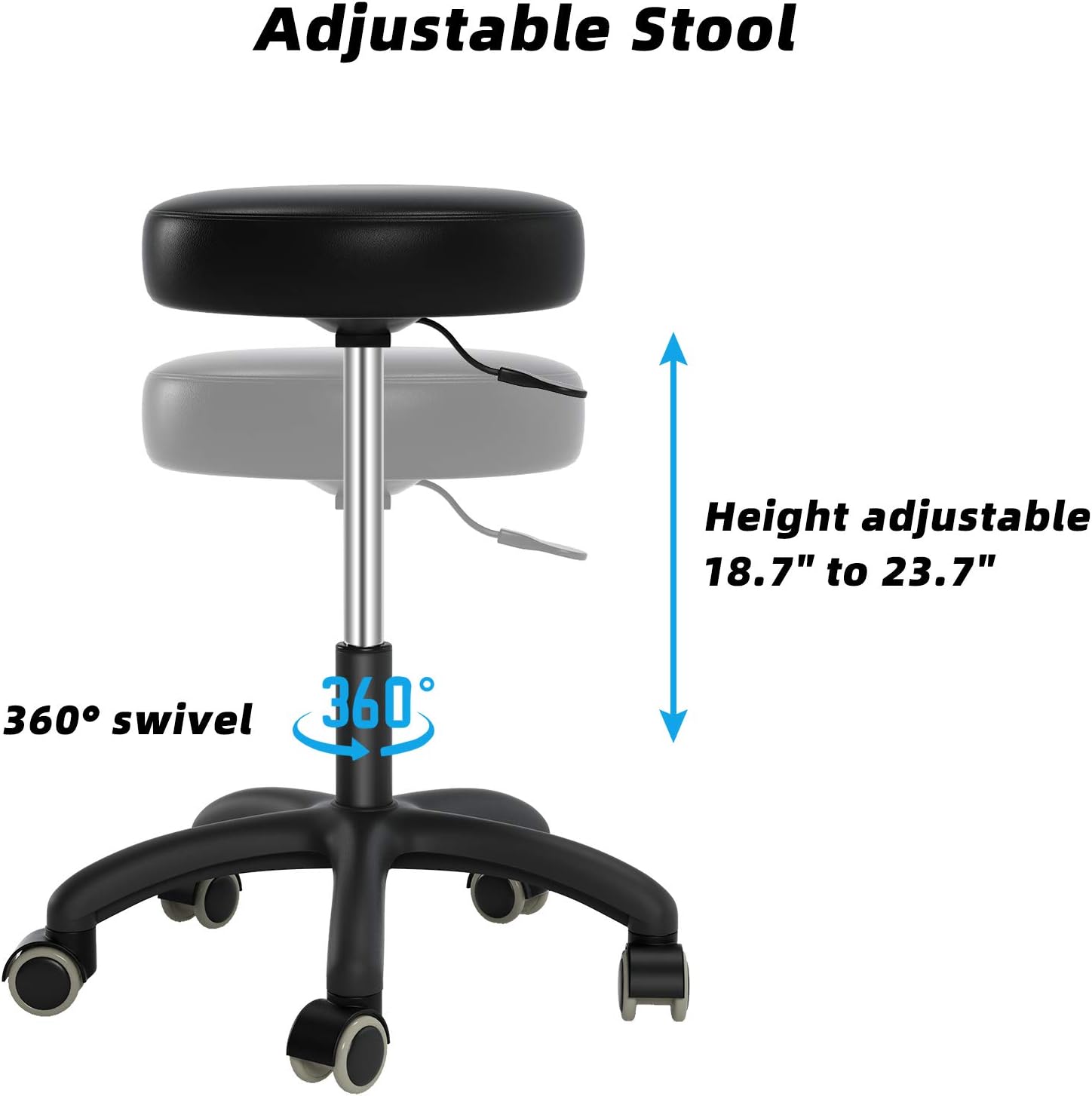 Rolling Stool with Wheels,Heavy Duty Lash Chair Adjustable for Tatoo Lab Massage Salon Spa Drafting Nail Teach,360 Swivel,Leather,Thick Seat Padding,Black : Beauty & Personal Care