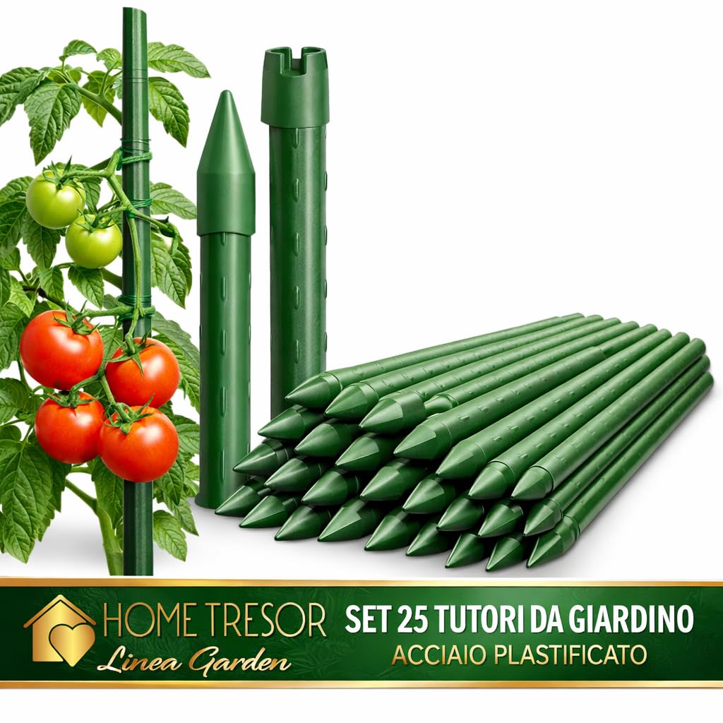 Set 25 Paletti per Piante Rampicanti e Pomodori in Acciaio Plastificato Bastoncini Supporto Resistenti per Orto Giardino Pali Tutori Sostegno Antiruggine Cetrioli Fiori Verdure Piante (150 cm x 11 mm)