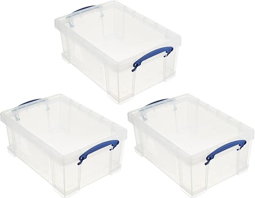Really Useful Box Contenedor apilable de plástico de 9 litros con tapa a presión y asas de bloqueo de clip integradas para organización del hogar y