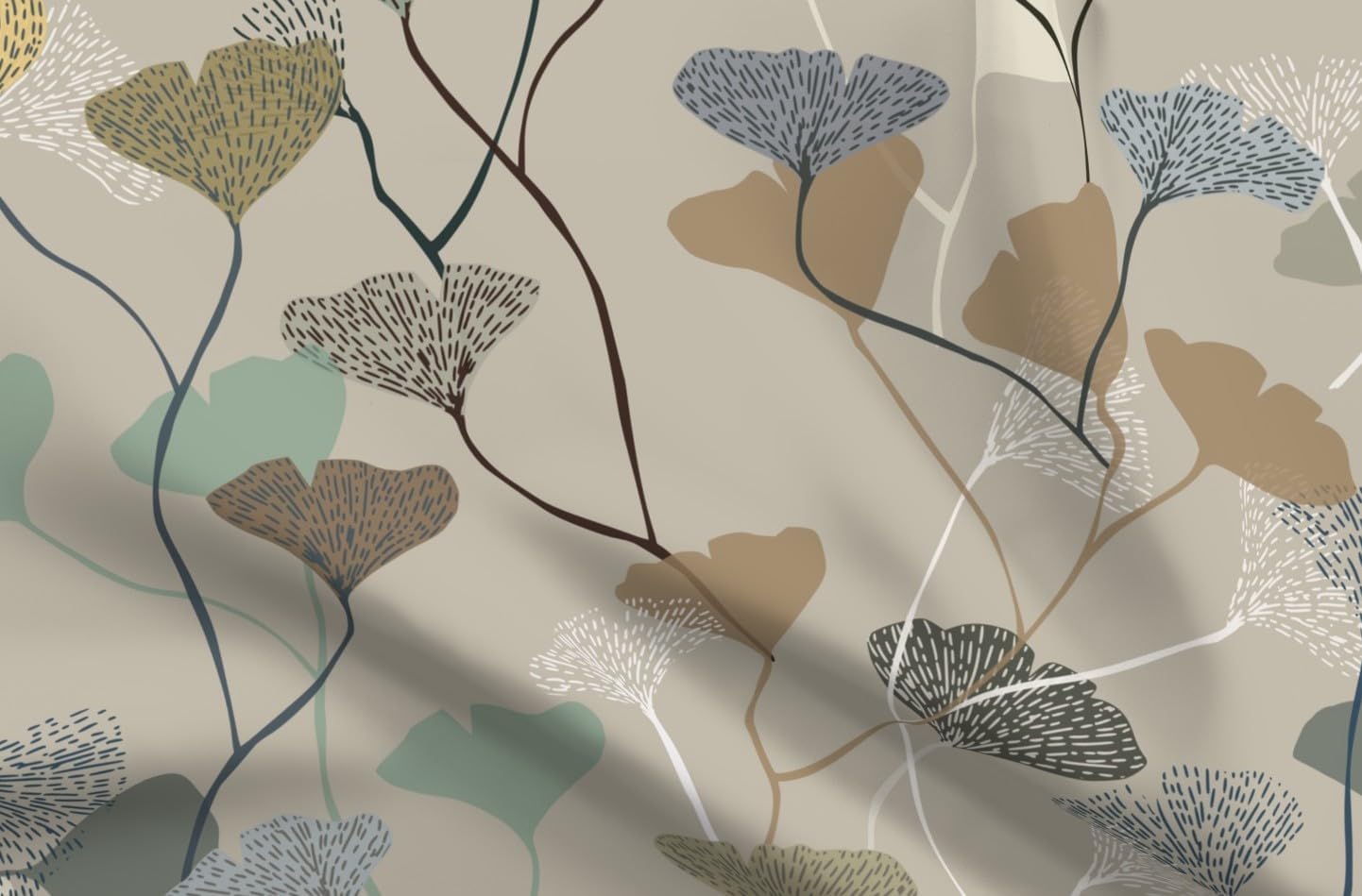 Spoonflower Fabric - Neutral Calm Ginkgo Boho Leaves Earth Tones Serene Tan Vines Scandi Printed on Petal Cotton Fabric Fat Quarter - Sewing Quilting Apparel Crafts Decor