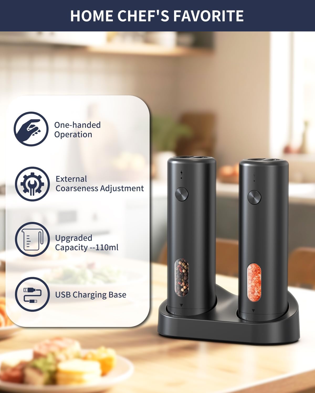 circle joy rechargeable electric salt and pepper grinder set with charging base, automatic pepper mills with 110ml container, external adjustable coarseness, white led light, easy to operate, black 02/black/set/charging base