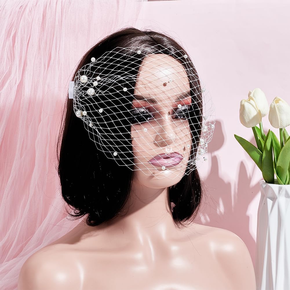 FINGERINSPIRE Pearl Birdcage Veil 14.8x7.5inches White Mesh Veil Headpiece with Pearl Bridal Veils Fascinator with Hair Comb 1920s Fascinators Hats for Tea Party Halloween Costume Accessories