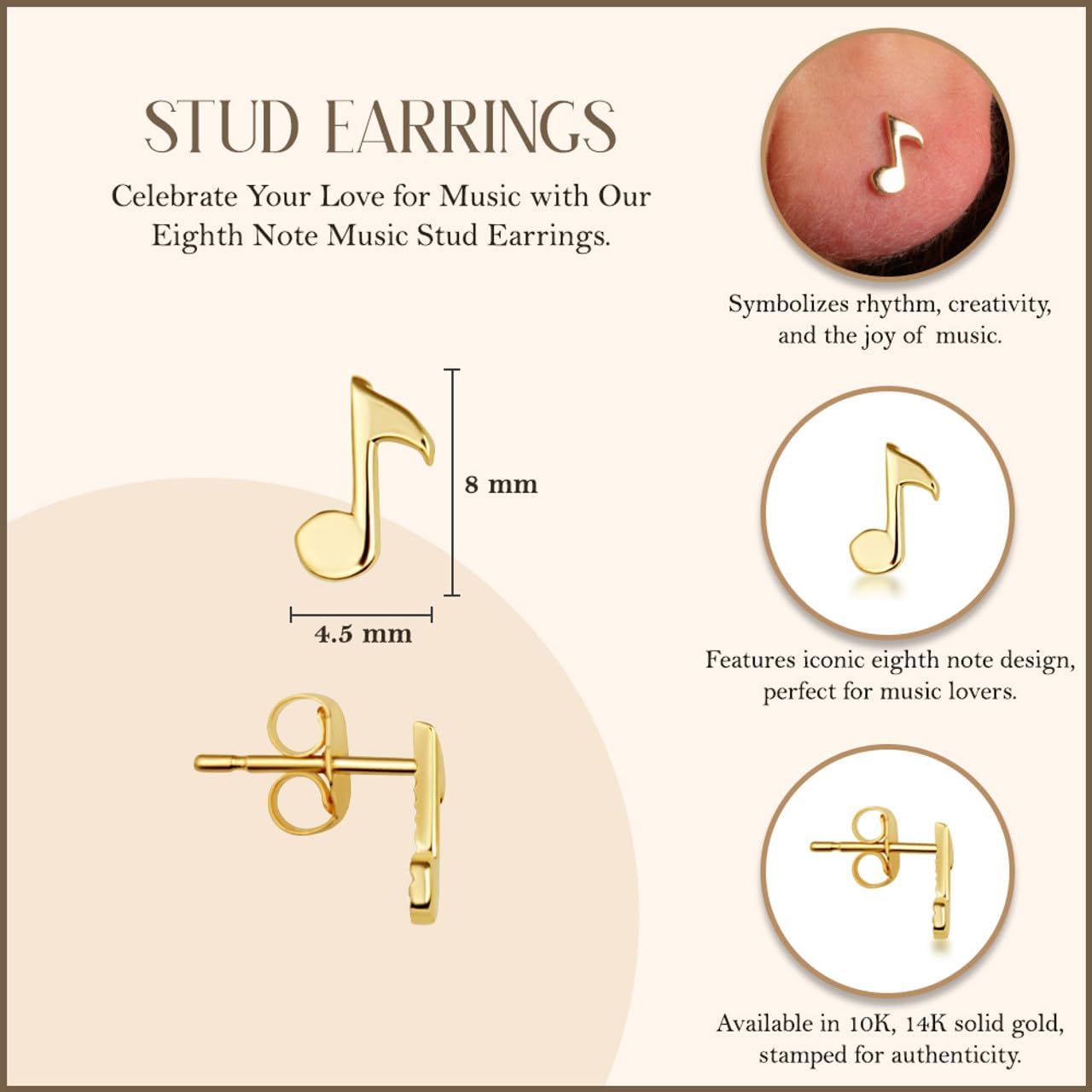 Exquisite 10K or 14K Yellow Gold Eighth Music Note Stud Earrings for Women